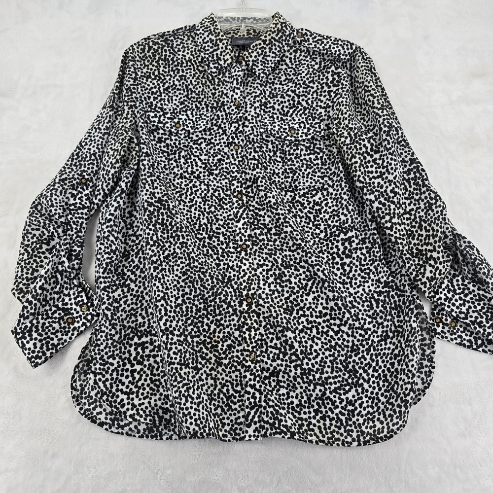 Jones New York Button Down Womens M Shirt Black White Polka Dot‎ Roll Tab Sleeve